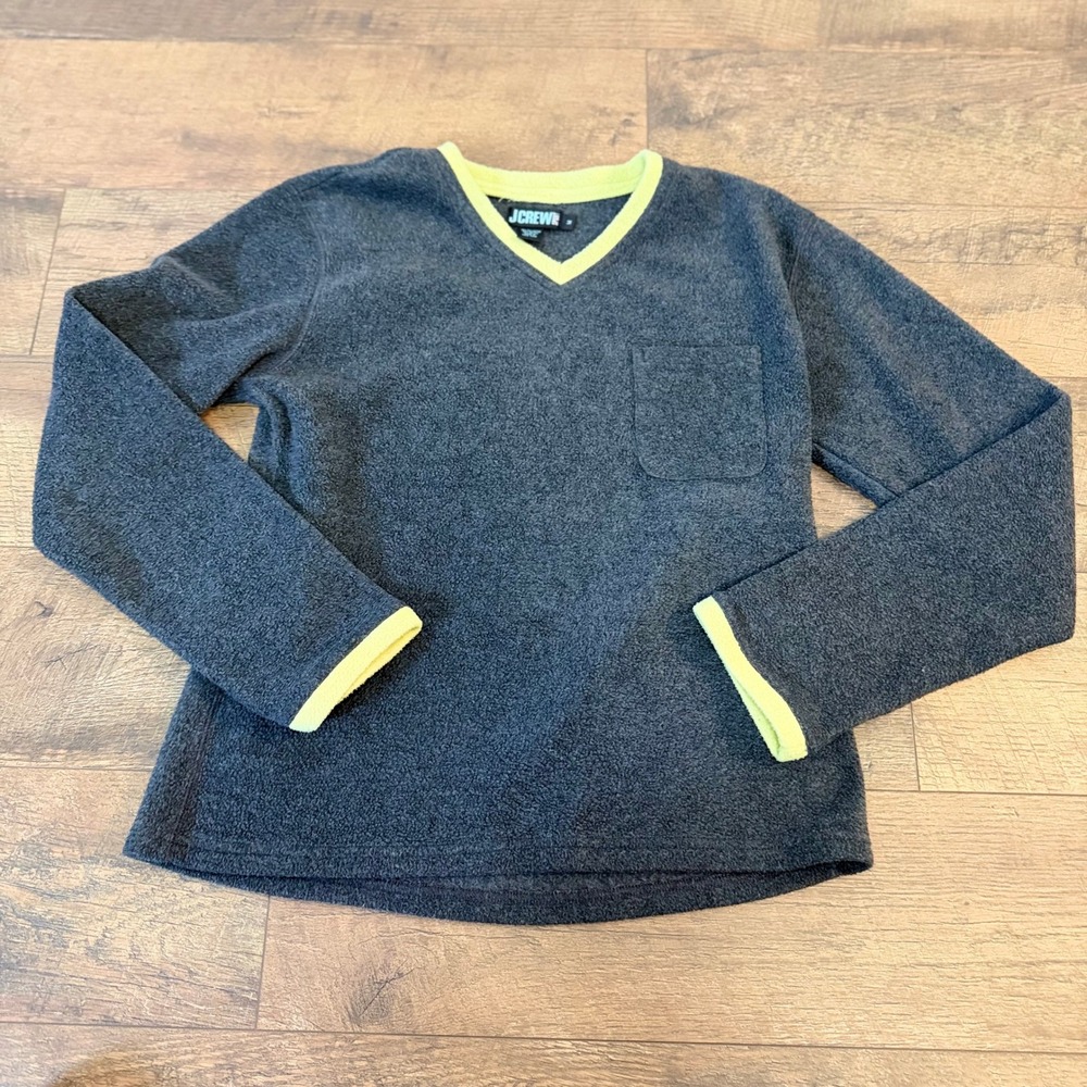 J.Crew Sport Womens Gray Fleece V-Neck Pullover Neon Yellow Trim Size Medium